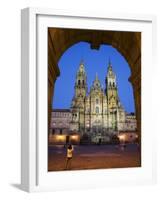 Facade of Cathedral Seen from Praza Do Obradoiro Floodlit at Night-Nick Servian-Framed Photographic Print
