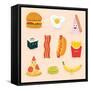 Face Icon Pizza Cake Scrambled Eggs Bacon Banana Burger Hot Dog Roll French Fries. Funny Food Carto-GoodStudio-Framed Stretched Canvas