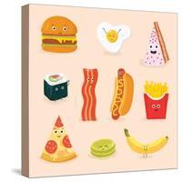 Face Icon Pizza Cake Scrambled Eggs Bacon Banana Burger Hot Dog Roll French Fries. Funny Food Carto-GoodStudio-Stretched Canvas