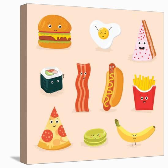 Face Icon Pizza Cake Scrambled Eggs Bacon Banana Burger Hot Dog Roll French Fries. Funny Food Carto-GoodStudio-Stretched Canvas