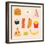 Face Icon Pizza Cake Scrambled Eggs Bacon Banana Burger Hot Dog Roll French Fries. Funny Food Carto-GoodStudio-Framed Art Print