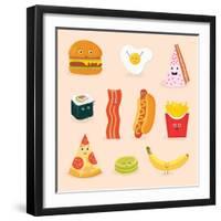 Face Icon Pizza Cake Scrambled Eggs Bacon Banana Burger Hot Dog Roll French Fries. Funny Food Carto-GoodStudio-Framed Art Print