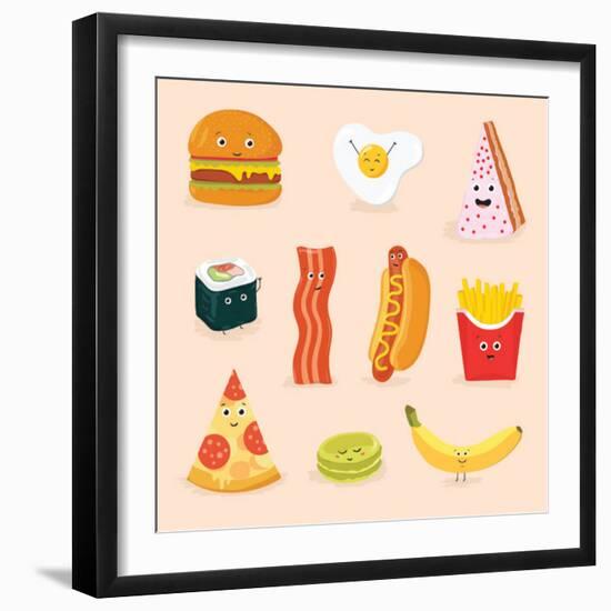 Face Icon Pizza Cake Scrambled Eggs Bacon Banana Burger Hot Dog Roll French Fries. Funny Food Carto-GoodStudio-Framed Art Print