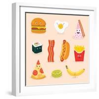 Face Icon Pizza Cake Scrambled Eggs Bacon Banana Burger Hot Dog Roll French Fries. Funny Food Carto-GoodStudio-Framed Art Print