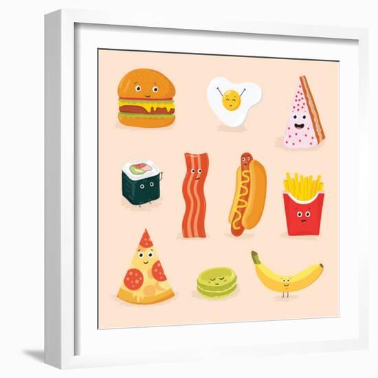 Face Icon Pizza Cake Scrambled Eggs Bacon Banana Burger Hot Dog Roll French Fries. Funny Food Carto-GoodStudio-Framed Art Print