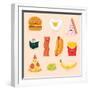 Face Icon Pizza Cake Scrambled Eggs Bacon Banana Burger Hot Dog Roll French Fries. Funny Food Carto-GoodStudio-Framed Art Print