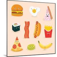 Face Icon Pizza Cake Scrambled Eggs Bacon Banana Burger Hot Dog Roll French Fries. Funny Food Carto-GoodStudio-Mounted Art Print