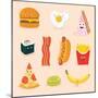 Face Icon Pizza Cake Scrambled Eggs Bacon Banana Burger Hot Dog Roll French Fries. Funny Food Carto-GoodStudio-Mounted Art Print