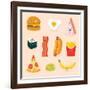 Face Icon Pizza Cake Scrambled Eggs Bacon Banana Burger Hot Dog Roll French Fries. Funny Food Carto-GoodStudio-Framed Art Print