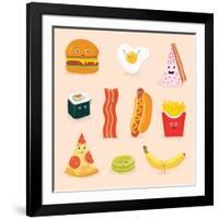 Face Icon Pizza Cake Scrambled Eggs Bacon Banana Burger Hot Dog Roll French Fries. Funny Food Carto-GoodStudio-Framed Art Print