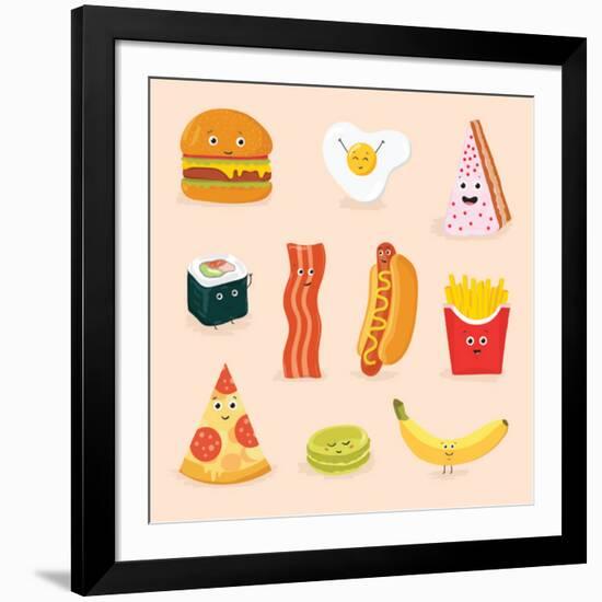 Face Icon Pizza Cake Scrambled Eggs Bacon Banana Burger Hot Dog Roll French Fries. Funny Food Carto-GoodStudio-Framed Art Print