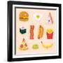 Face Icon Pizza Cake Scrambled Eggs Bacon Banana Burger Hot Dog Roll French Fries. Funny Food Carto-GoodStudio-Framed Art Print