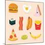 Face Icon Pizza Cake Scrambled Eggs Bacon Banana Burger Hot Dog Roll French Fries. Funny Food Carto-GoodStudio-Mounted Art Print