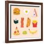 Face Icon Pizza Cake Scrambled Eggs Bacon Banana Burger Hot Dog Roll French Fries. Funny Food Carto-GoodStudio-Framed Art Print