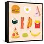 Face Icon Pizza Cake Scrambled Eggs Bacon Banana Burger Hot Dog Roll French Fries. Funny Food Carto-GoodStudio-Framed Stretched Canvas
