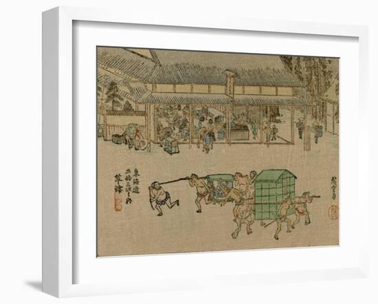 Face of Several Tea Houses in the Foreground with Servants Carrying Baskets-Utagawa Hiroshige-Framed Art Print