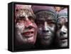 Faces Smeared with Colored Powder, Posing for a Photo During Holi Festivities in Gauhati, India-null-Framed Stretched Canvas