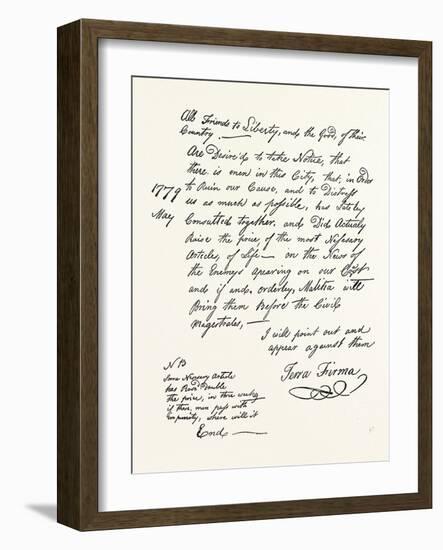 Facsimile of a Declaration About the Scarcity of Food; American Revolutionary War, USA, 1870S-null-Framed Giclee Print