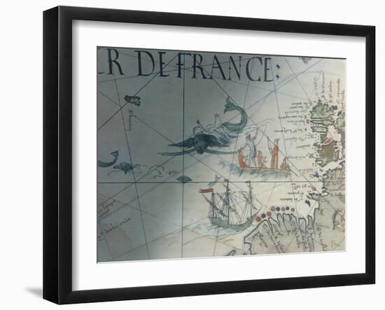 Facsmile of Whaling and Isle of Saint Brandon, Detail from a Portolan Map by Pierre Desceliers,…-null-Framed Giclee Print