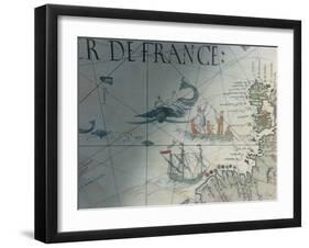 Facsmile of Whaling and Isle of Saint Brandon, Detail from a Portolan Map by Pierre Desceliers,…-null-Framed Giclee Print