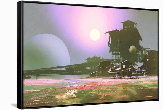 Factory and Industry in Flower Fields,Sci-Fi Scene,Illustration Painting-Tithi Luadthong-Framed Stretched Canvas