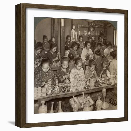 Factory Girls Decorating Cheap Pottery for the Foreign Markets, Kyoto, Japan, 1904-Underwood & Underwood-Framed Photographic Print