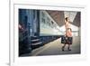 Fair Traveler With Vintage Suitcase At The Station-olly2-Framed Photographic Print