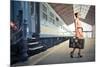 Fair Traveler With Vintage Suitcase At The Station-olly2-Mounted Photographic Print