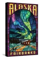 Fairbanks, Alaska - Cabin and Northern Lights Stained Glass-Lantern Press-Stretched Canvas