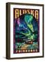 Fairbanks, Alaska - Cabin and Northern Lights Stained Glass-Lantern Press-Framed Art Print