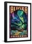 Fairbanks, Alaska - Cabin and Northern Lights Stained Glass-Lantern Press-Framed Art Print