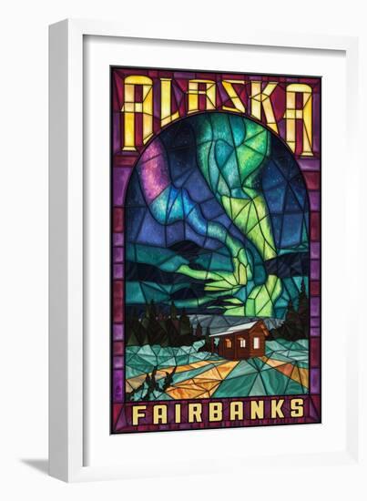 Fairbanks, Alaska - Cabin and Northern Lights Stained Glass-Lantern Press-Framed Art Print