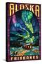 Fairbanks, Alaska - Cabin and Northern Lights Stained Glass-Lantern Press-Stretched Canvas