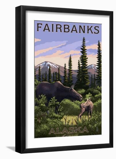 Fairbanks, Alaska - Moose and Baby-Lantern Press-Framed Art Print