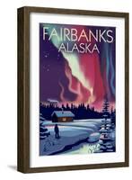 Fairbanks, Alaska - Northern Lights and Cabin-Lantern Press-Framed Art Print