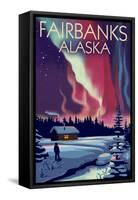 Fairbanks, Alaska - Northern Lights and Cabin-Lantern Press-Framed Stretched Canvas