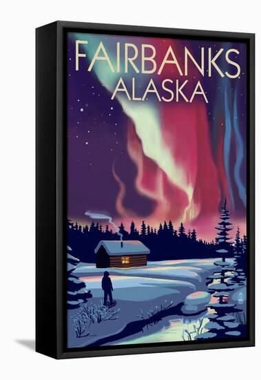 Fairbanks, Alaska - Northern Lights and Cabin-Lantern Press-Framed Stretched Canvas