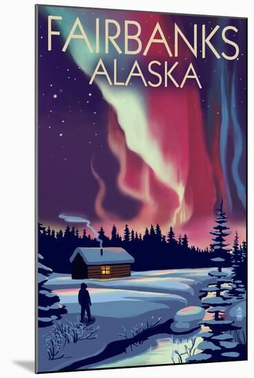 Fairbanks, Alaska - Northern Lights and Cabin-Lantern Press-Mounted Art Print