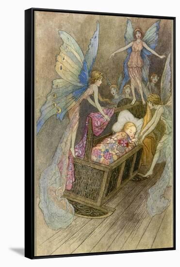 Fairies Around a Baby's Cot-Warwick Goble-Framed Stretched Canvas