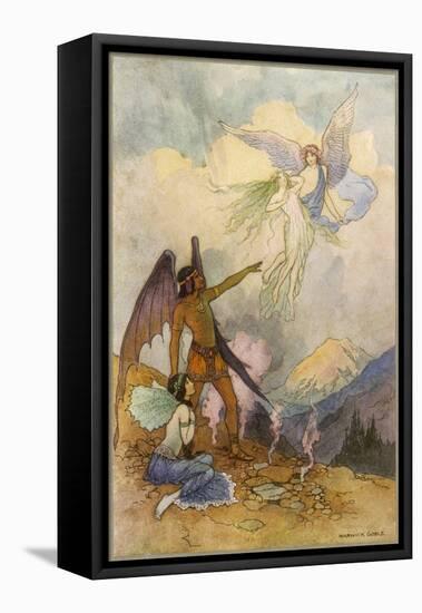 Fairies in a Mountain Landscape-Warwick Goble-Framed Stretched Canvas