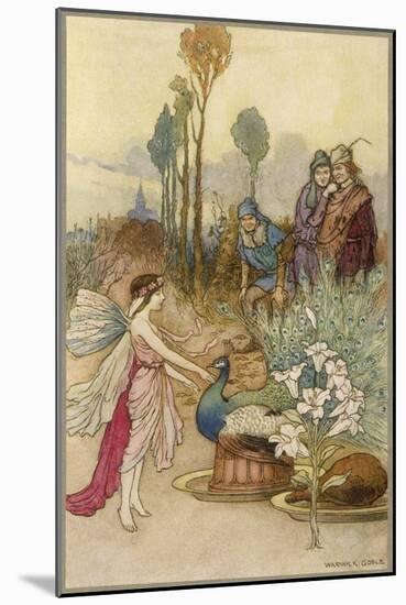 Fairy and a Peacock-Warwick Goble-Mounted Art Print