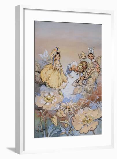 Fairy Crossing a Spider's Web Whist Another Daffs His Cap-Peg Maltby-Framed Art Print