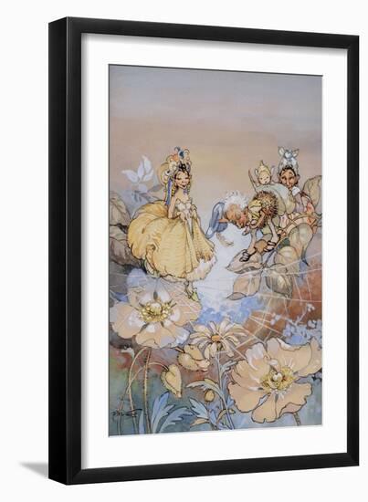 Fairy Crossing a Spider's Web Whist Another Daffs His Cap-Peg Maltby-Framed Art Print
