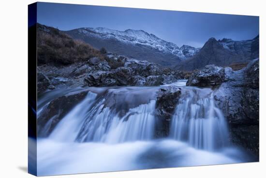 Fairy Pools Waterfalls at Glen Brittle, with the Snow Dusted Cuillin Mountains Beyond, Isle of Skye-Adam Burton-Stretched Canvas