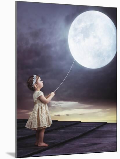 Fairy Portrait of a Little Cute Girl with a Moony Balloon-Konrad B?k-Mounted Photographic Print