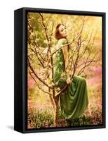 Fairy-Tail Forest Nymph, Beautiful Sexy Woman at Spring Garden, Wearing Long Dress, Sitting on Bloo-Anna Omelchenko-Framed Stretched Canvas