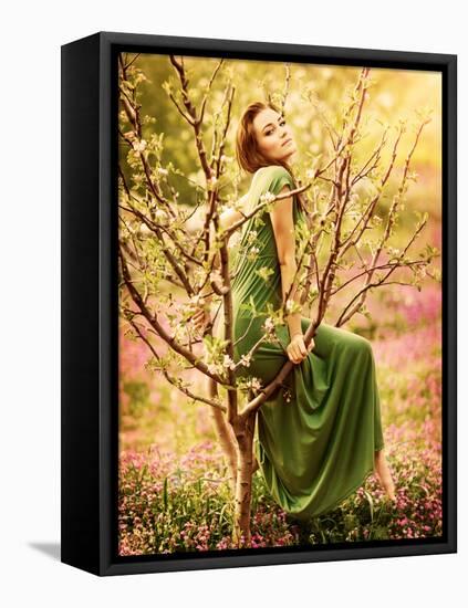 Fairy-Tail Forest Nymph, Beautiful Sexy Woman at Spring Garden, Wearing Long Dress, Sitting on Bloo-Anna Omelchenko-Framed Stretched Canvas