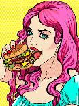 Bright Attractive Sexy Cover Hot Pink Hair Girl with Burgers, Pop Art Retro Hipster Fashion Retro P-Faith Nyky-Mounted Art Print