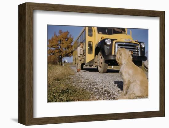 Faithful Dog Watching Boy Enter School Bus-William P. Gottlieb-Framed Photographic Print