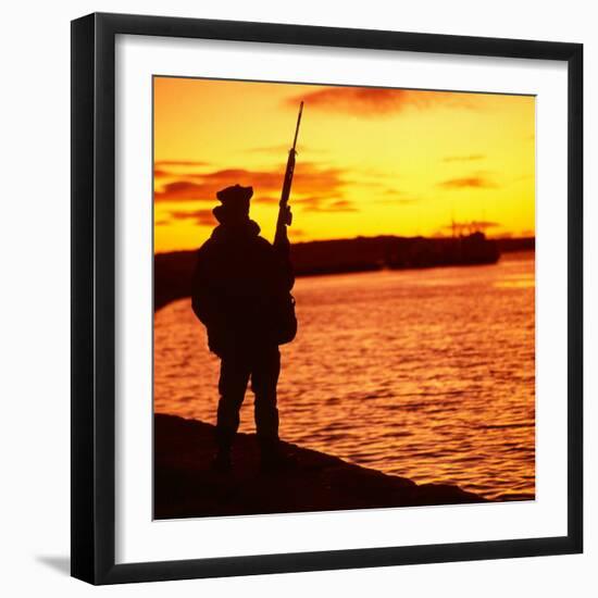 Falklands War 1982 a British Soldier Standing Guard at Sunset-null-Framed Photographic Print